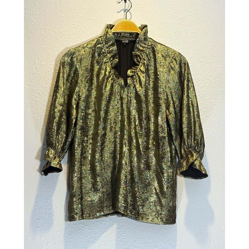 LIOR Paris Gold/Black Metallic High Neck Ruffle 3/4 Puff Sleeve Blouse S